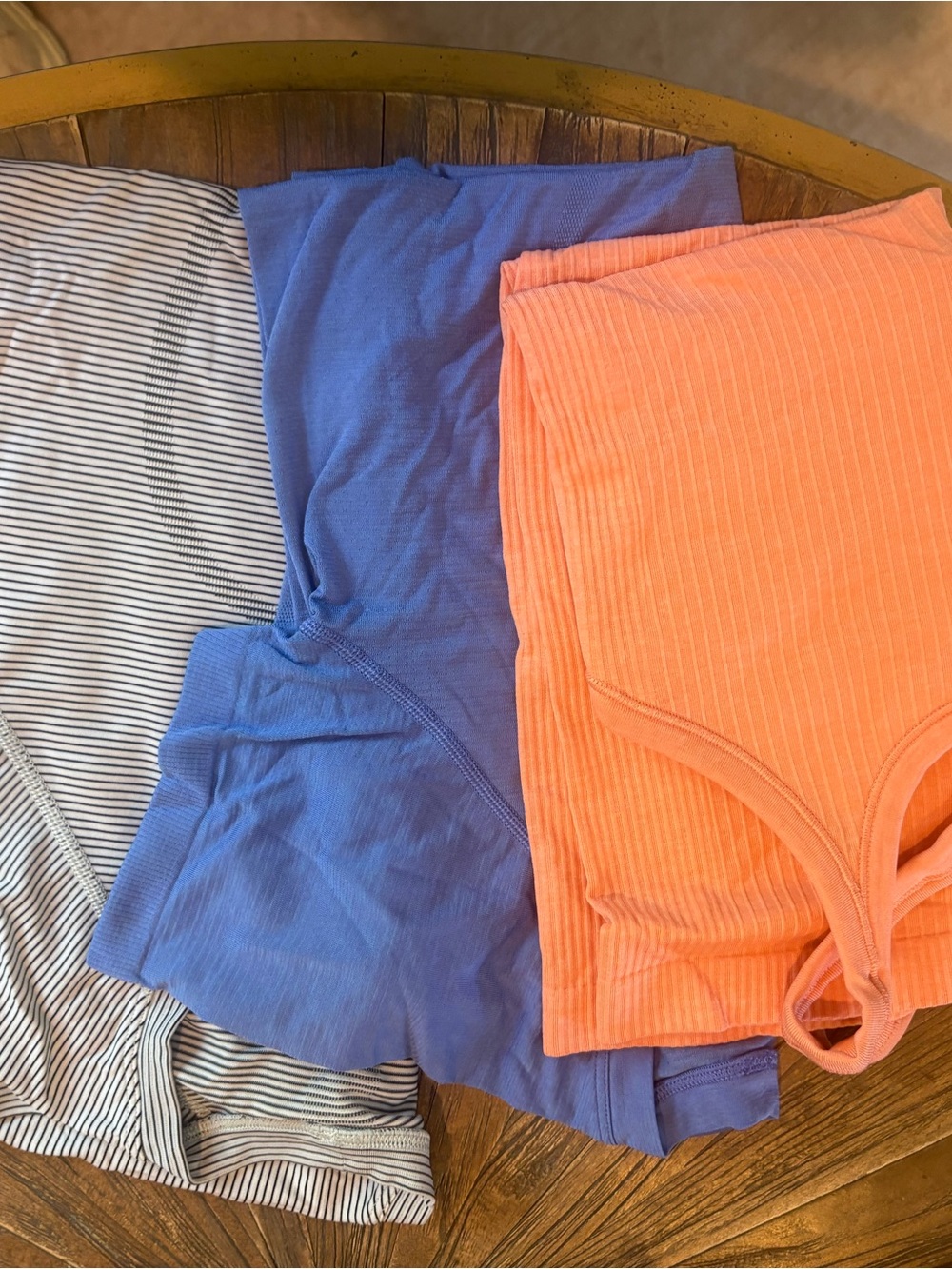 lululemon athletica Short Sleeve Tee Trio in Blue, Coral, and Black-White Stripe